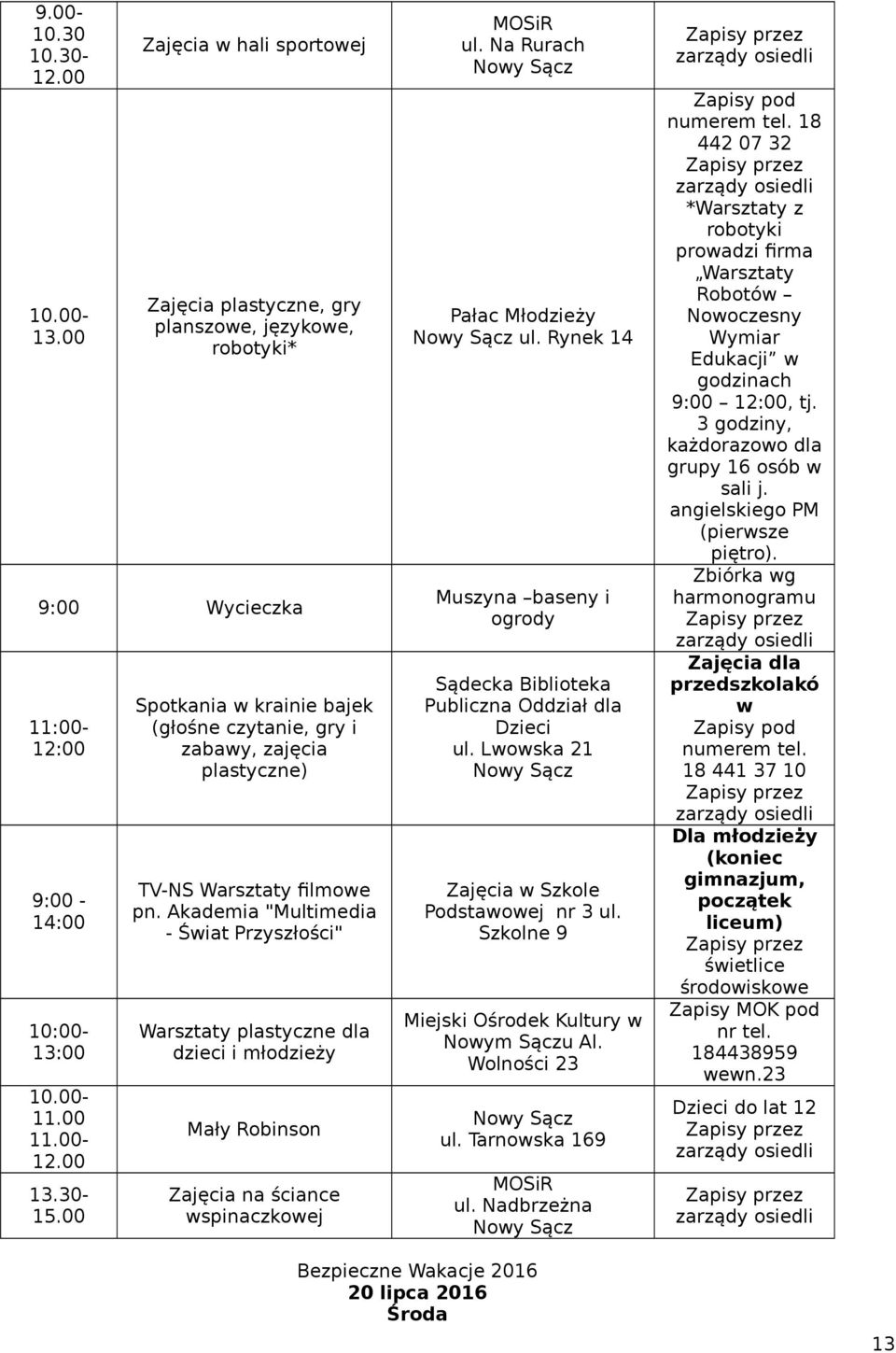 Szkolne 9 Miejski Ośrodek Kultury w Nowym Sączu Al. ul. Tarnowska 169 18 *Warsztaty z robotyki prowadzi firma Warsztaty Robotów Nowoczesny Wymiar Edukacji w godzinach 9:00, tj.