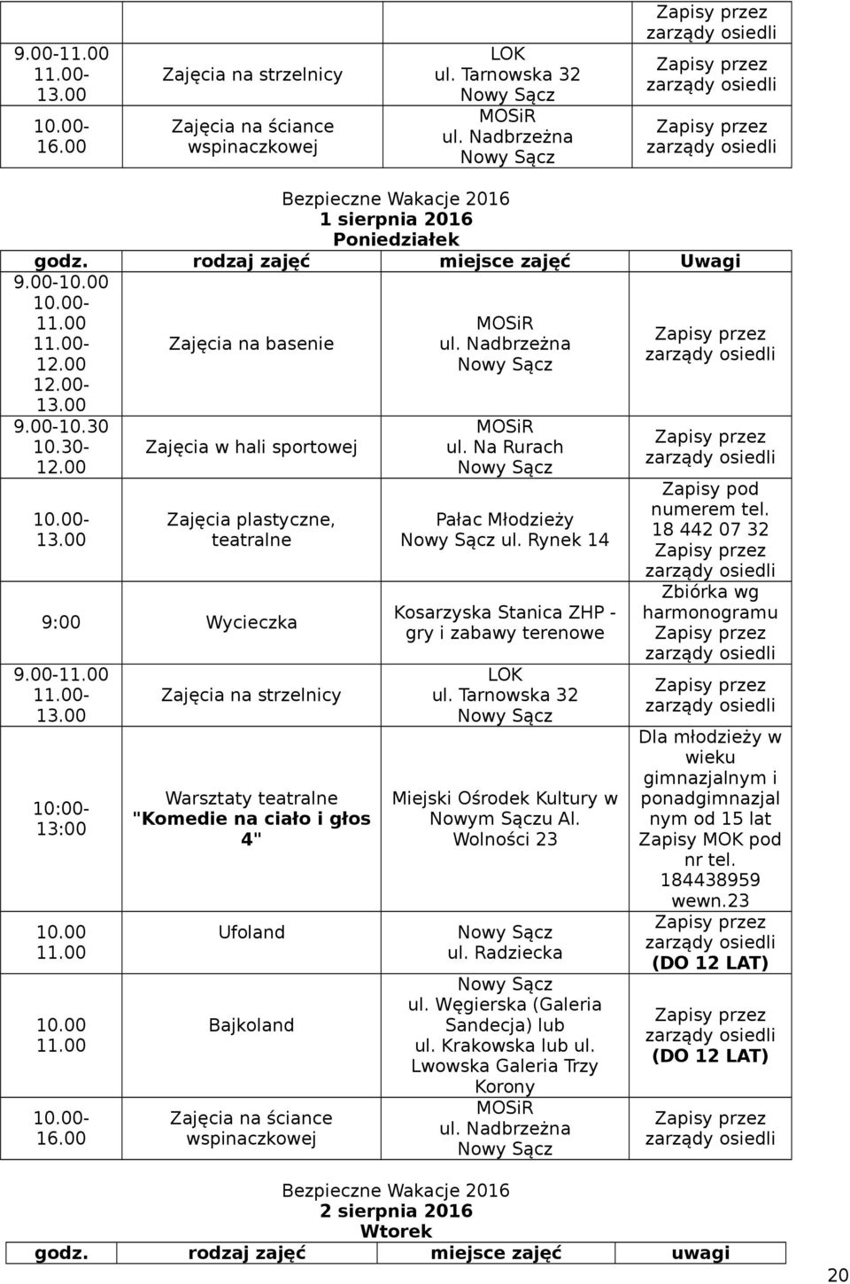 Rynek 14 Kosarzyska Stanica ZHP - gry i zabawy terenowe LOK ul. Tarnowska 32 Miejski Ośrodek Kultury w Nowym Sączu Al. ul. Radziecka ul.