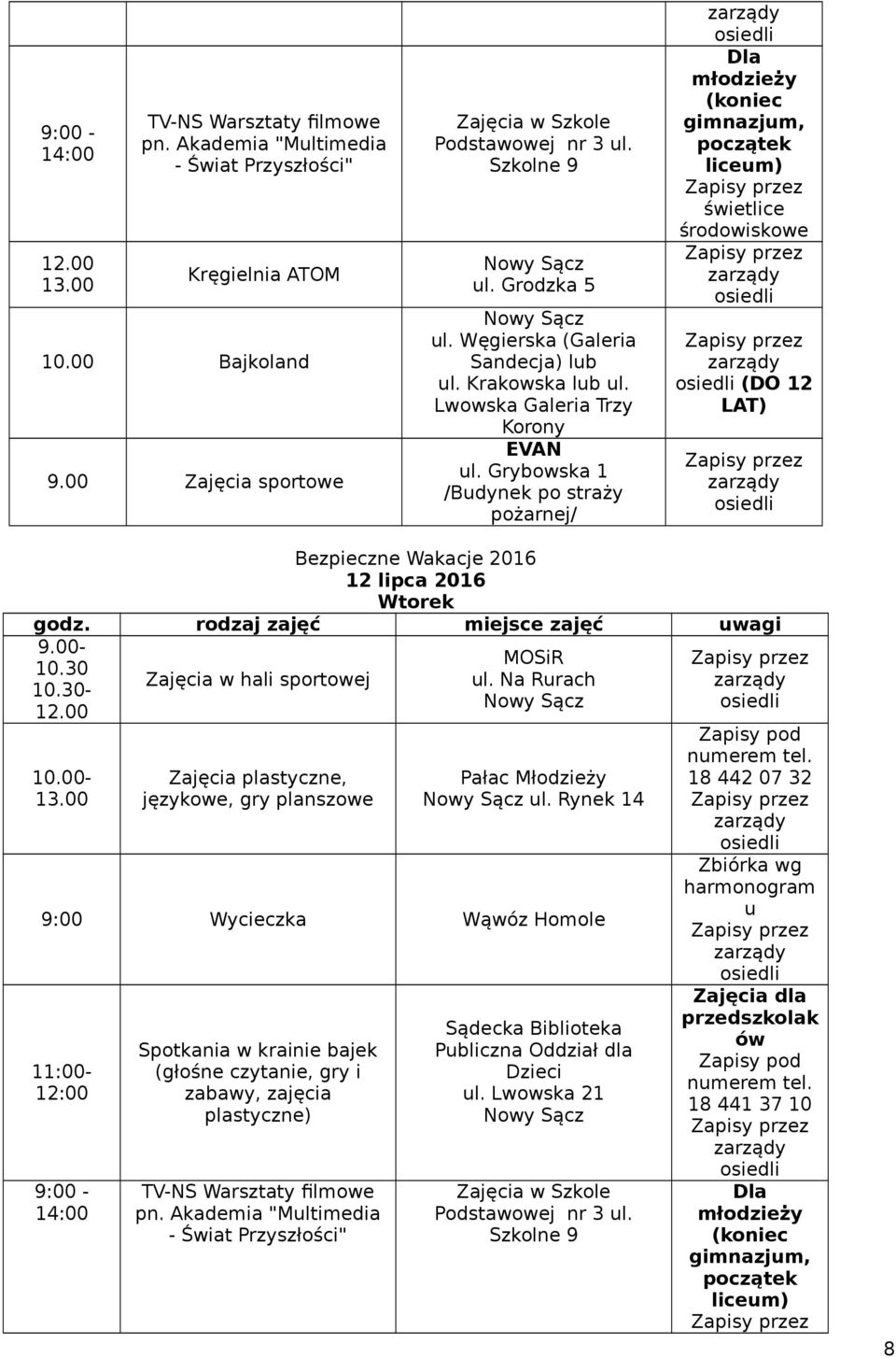 Grybowska 1 /Budynek po straży pożarnej/ Dla młodzieży (koniec gimnazjum, początek liceum) świetlice środowiskowe (DO 12 LAT) 12 lipca 2016 Wtorek językowe, gry planszowe ul.