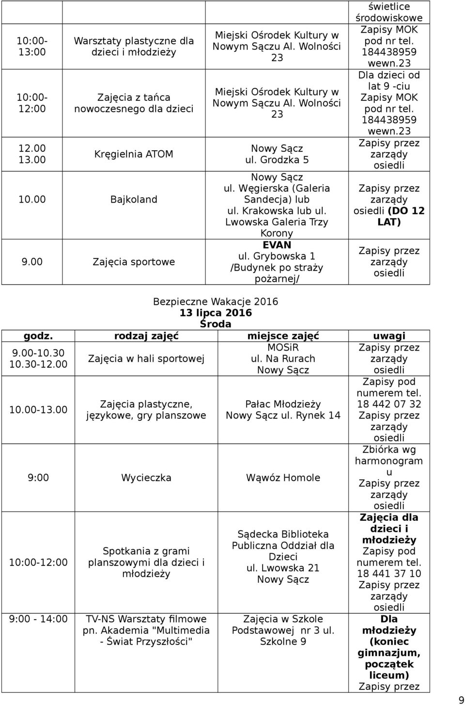 Grybowska 1 /Budynek po straży pożarnej/ świetlice środowiskowe Zapisy MOK pod nr tel. Dla dzieci od lat 9 -ciu Zapisy MOK pod nr tel. (DO 12 LAT) 13 lipca 2016 Środa językowe, gry planszowe ul.