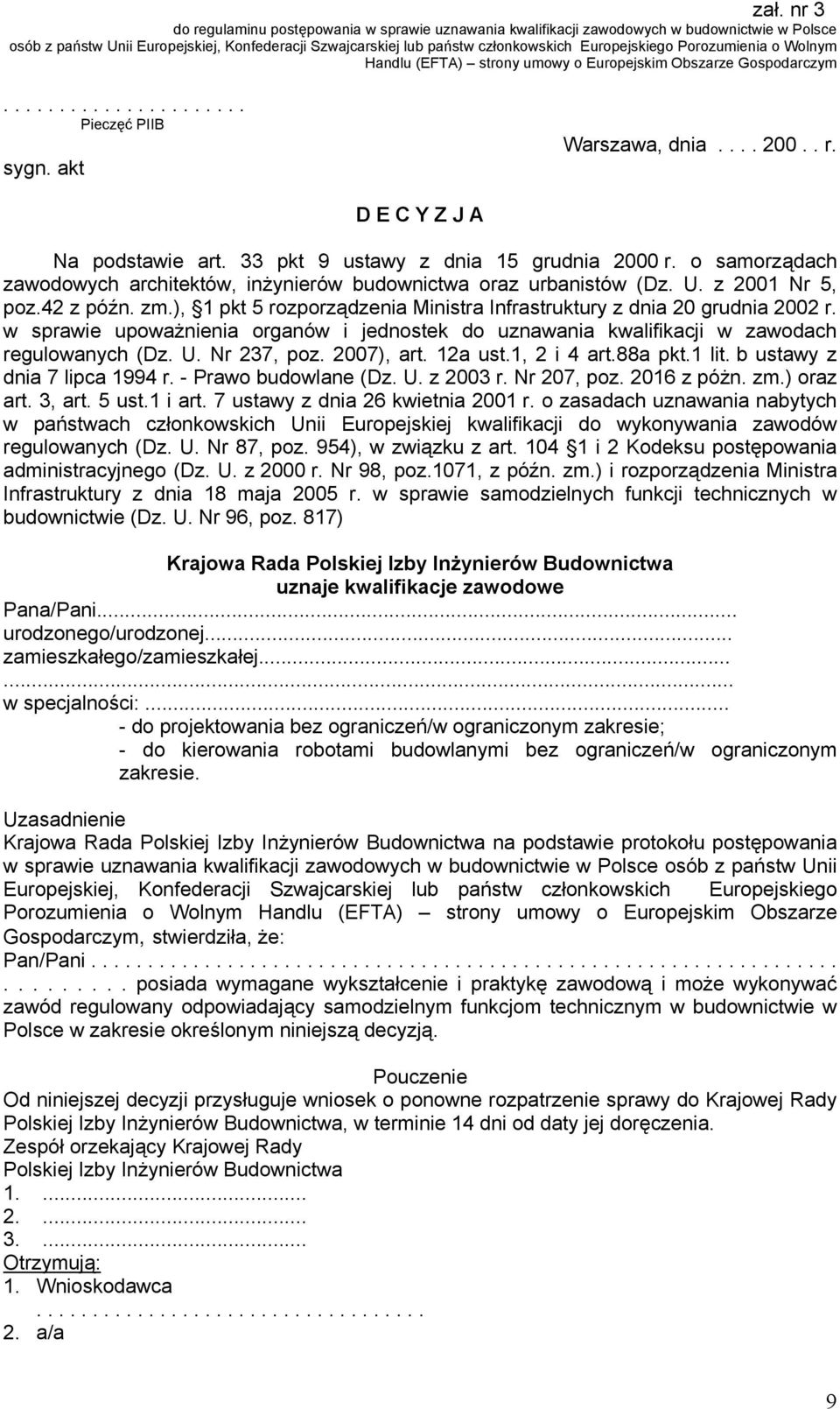 33 pkt 9 ustawy z dnia 15 grudnia 2000 r. o samorządach zawodowych architektów, inżynierów budownictwa oraz urbanistów (Dz. U. z 2001 Nr 5, poz.42 z późn. zm.