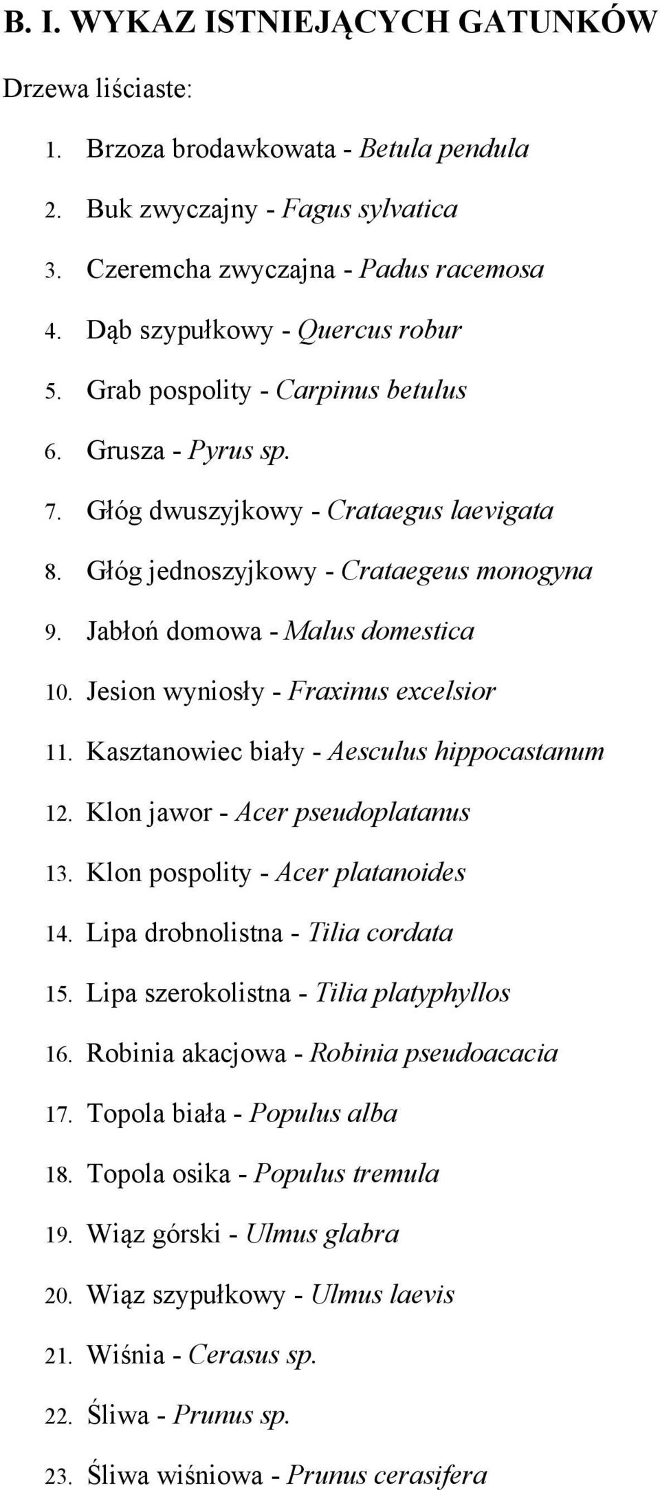 Jabłoń domowa - Malus domestica 10. Jesion wyniosły - Fraxinus excelsior 11. Kasztanowiec biały - Aesculus hippocastanum 12. Klon jawor - Acer pseudoplatanus 13. Klon pospolity - Acer platanoides 14.