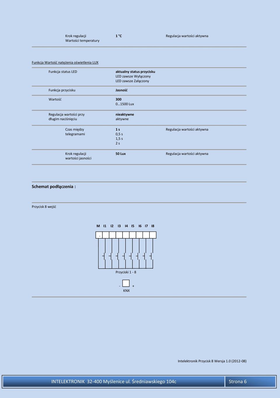 0,5 s Krok regulacji 50 Lux Regulacja wartości aktywna wartości jasności Schemat podłączenia : Przycisk 8 wejśd M 1 2 3 4 5 6 7 8