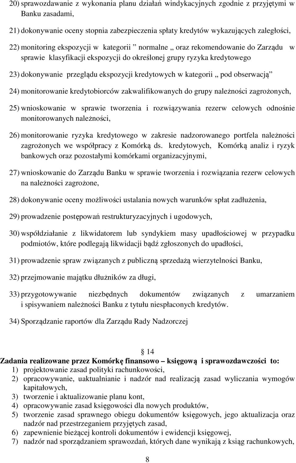 pod obserwacją 24) monitorowanie kredytobiorców zakwalifikowanych do grupy należności zagrożonych, 25) wnioskowanie w sprawie tworzenia i rozwiązywania rezerw celowych odnośnie monitorowanych