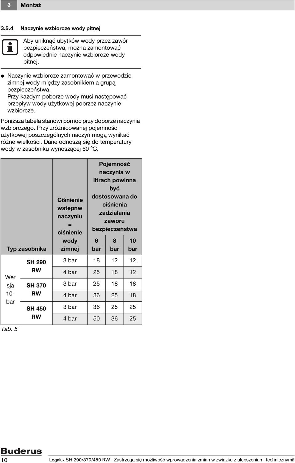Poniższa tabela stanowi pomoc przy doborze naczynia wzbiorczego. Przy zróżnicowanej pojemności użytkowej poszczególnych naczyń mogą wynikać różne wielkości.