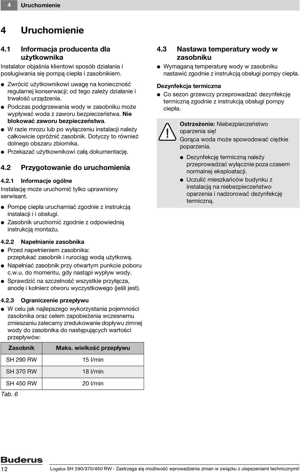 Nie blokować zaworu bezpieczeństwa. V W razie mrozu lub po wyłączeniu instalacji należy całkowicie opróżnić zasobnik. Dotyczy to również dolnego obszaru zbiornika.