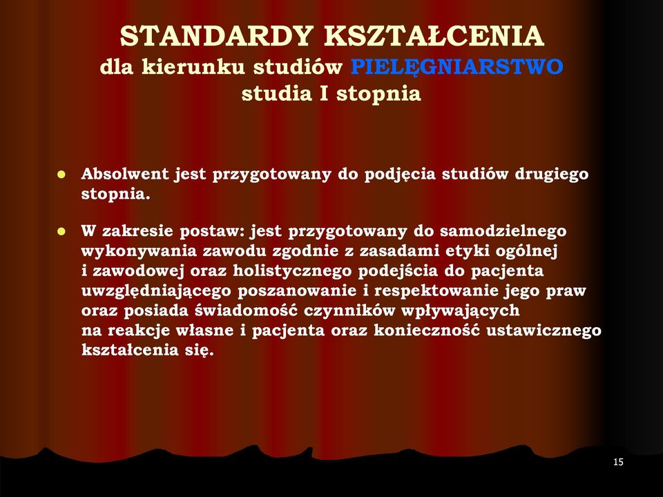 zawodowej oraz holistycznego podejścia do pacjenta uwzględniającego poszanowanie i respektowanie jego praw