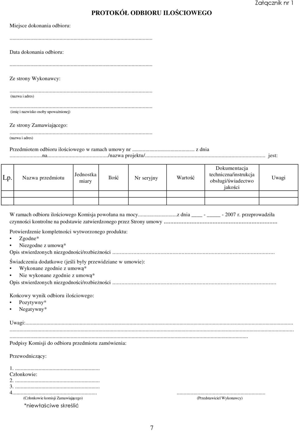 Nazwa przedmiotu Jednostka miary Ilość Nr seryjny Wartość Dokumentacja techniczna/instrukcja obsługi/świadectwo jakości Uwagi W ramach odbioru ilościowego Komisja powołana na mocy...z dnia - - 2007 r.