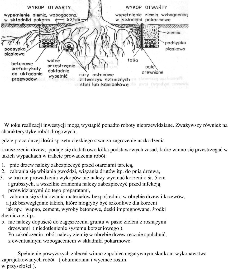 które winno się przestrzegać w takich wypadkach w trakcie prowadzenia robót: 1. pnie drzew naleŝy zabezpieczyć przed otarciami tarcicą, 2. zabrania się wbijania gwoździ, wiązania drutów itp.