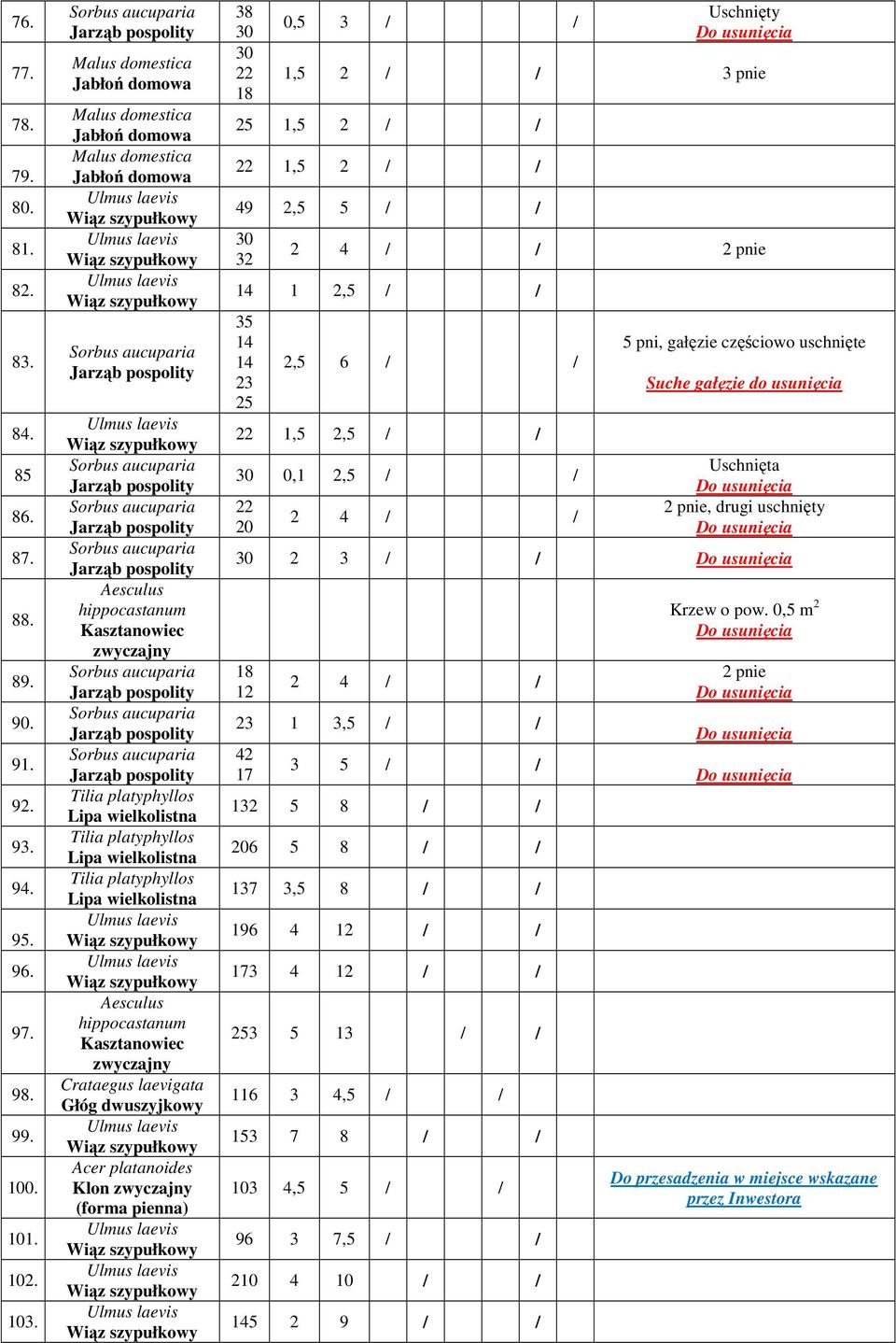 wielkolistna Tilia platyphyllos Lipa wielkolistna Aesculus hippocastanum Kasztanowiec zwyczajny Acer platanoides Klon zwyczajny (forma pienna) 38 30 30 22 18 0,5 3 Uschnięty 1,5 2 3 pnie 25 1,5 2 22