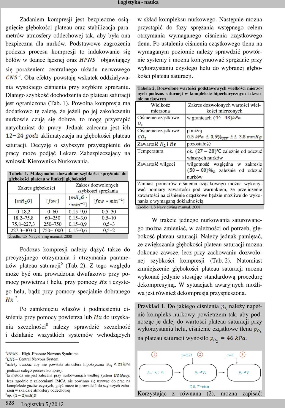 sprężaniu Dlatego szybkość dochodzenia do plateau saturacji jest ograniczona (Tab 1) Powolna kompresja ma dodatkowo tę zaletę, że jeżeli po jej zakończeniu nurkowie czują się dobrze, to mogą