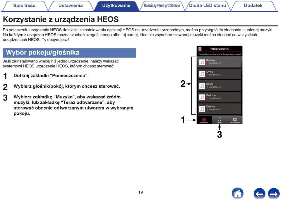 Wybór pokoju/głośnika Jeśli zainstalowano więcej niż jedno urządzenie, należy wskazać systemowi HEOS urządzenie HEOS, którym chcesz sterować: 2 3 Dotknij zakładki Pomieszczenia.