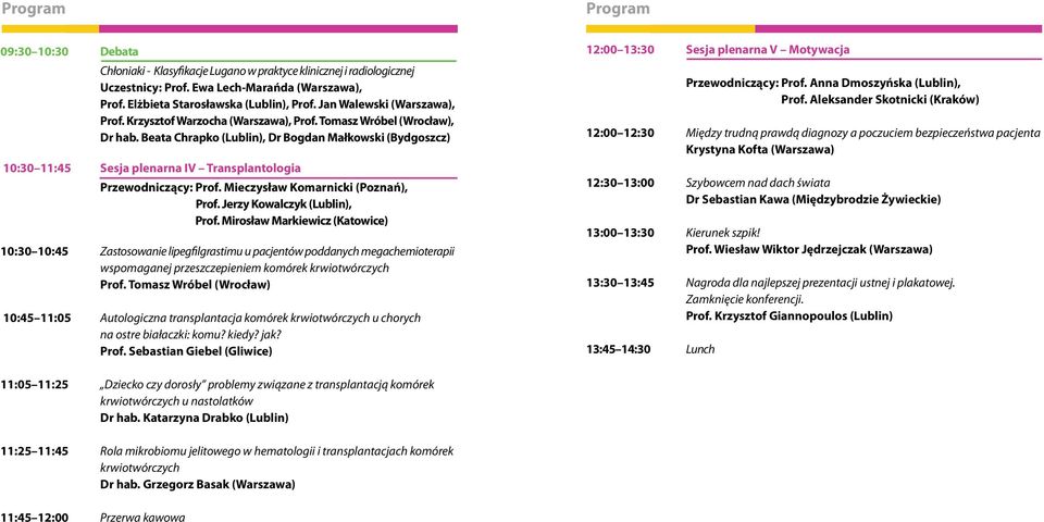 Beata Chrapko (Lublin), Dr Bogdan Małkowski (Bydgoszcz) 10:30 11:45 Sesja plenarna IV Transplantologia Przewodniczący: Prof. Mieczysław Komarnicki (Poznań), Prof. Jerzy Kowalczyk (Lublin), Prof.