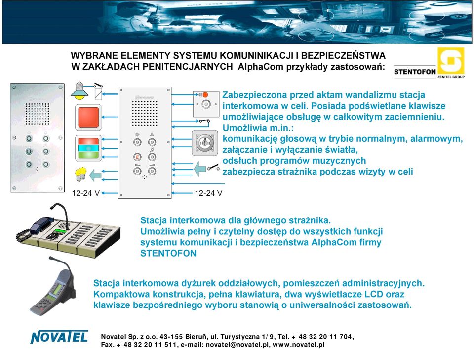 : komunikację głosową w trybie normalnym, alarmowym, załączanie i wyłączanie światła, odsłuch programów muzycznych zabezpiecza strażnika podczas wizyty w celi Stacja interkomowa dla głównego