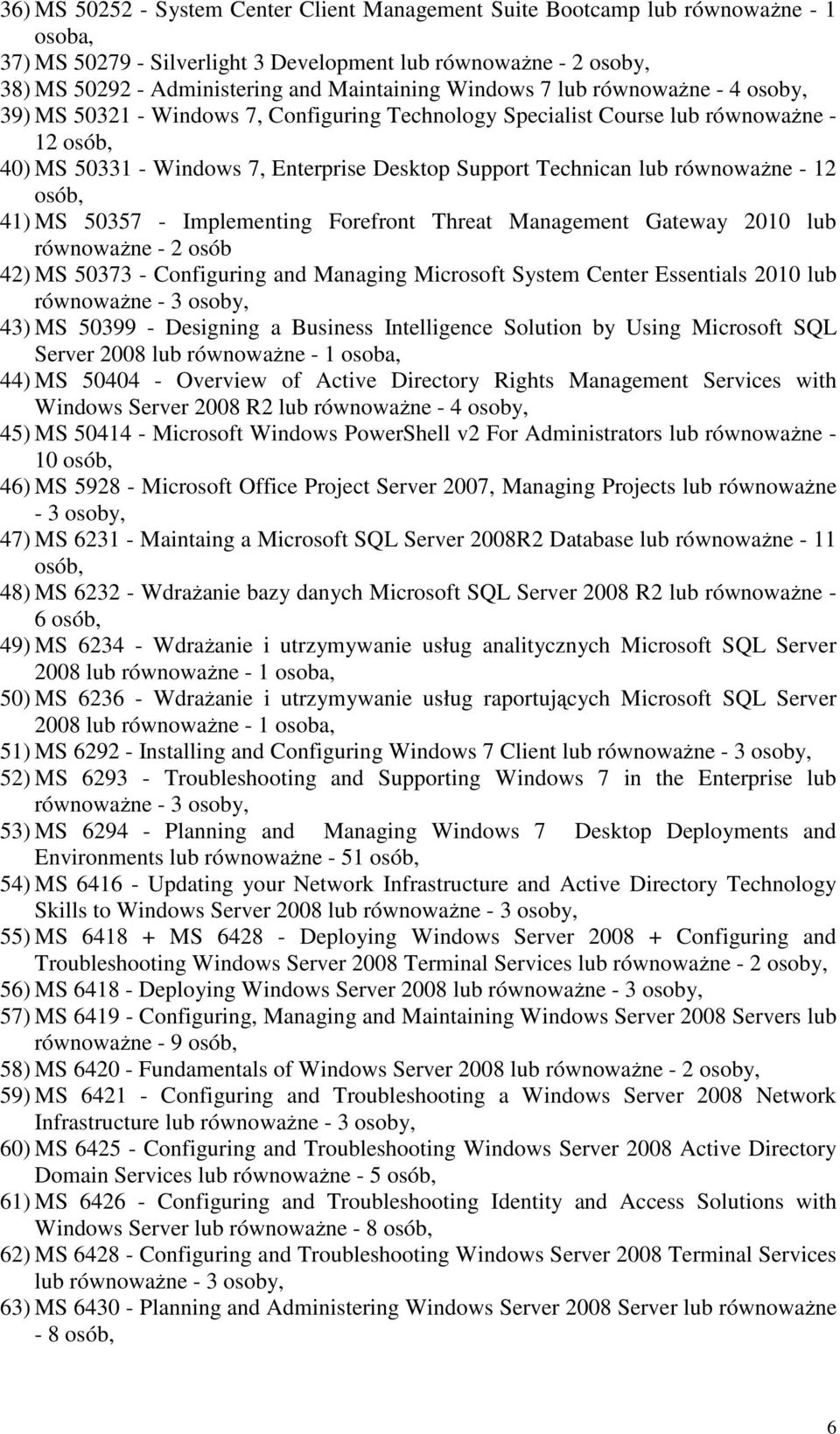 równowaŝne - 12 osób, 41) MS 50357 - Implementing Forefront Threat Management Gateway 2010 lub równowaŝne - 2 osób 42) MS 50373 - Configuring and Managing Microsoft System Center Essentials 2010 lub