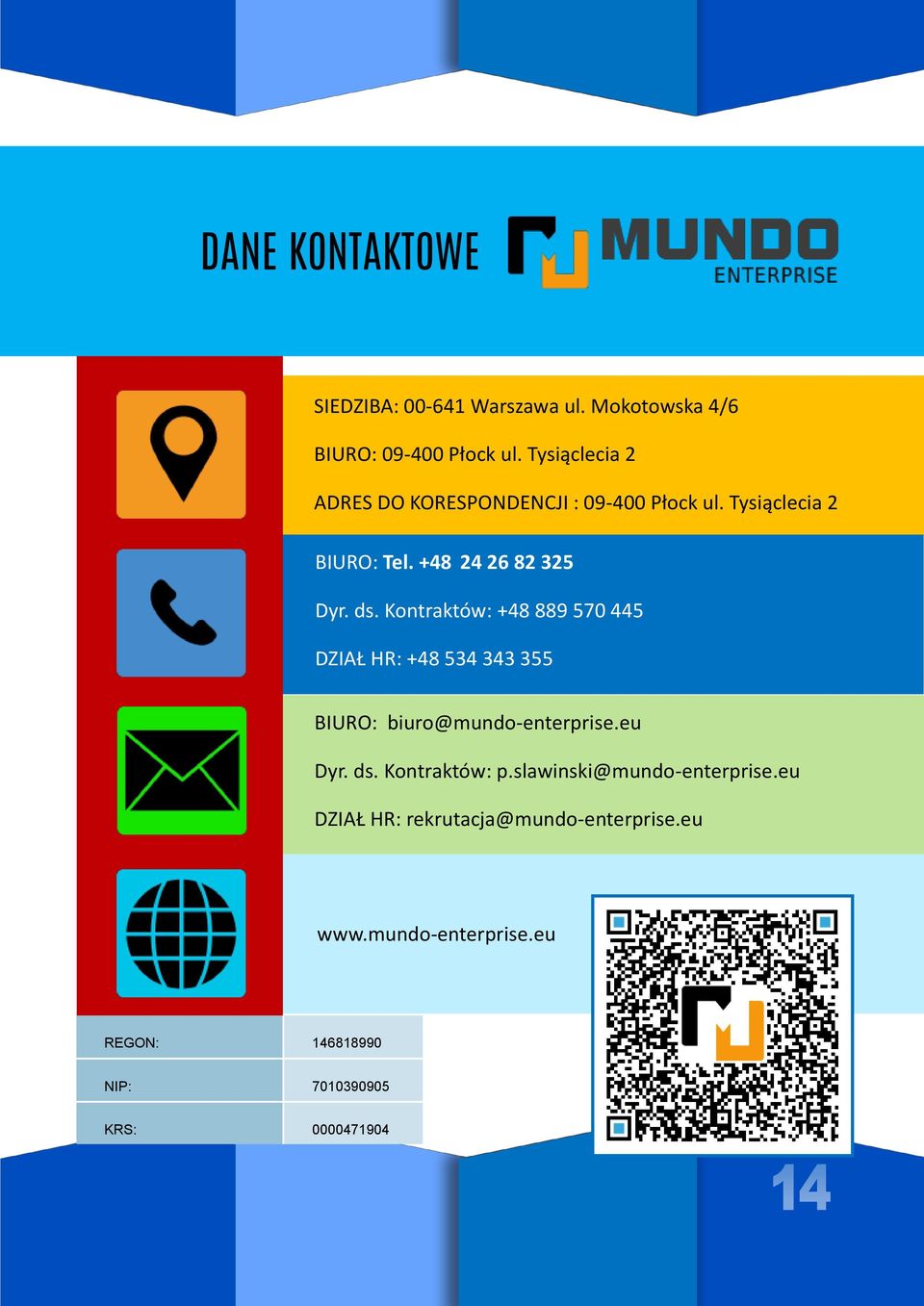Kontraktów: +48 889 570 445 DZIAŁ HR: +48 534 343 355 BIURO: biuro@mundo-enterprise.eu Dyr. ds. Kontraktów: p.