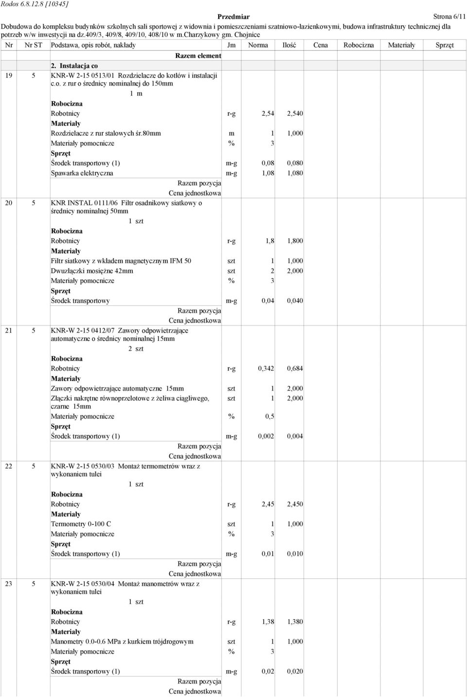 1,800 Filtr siatkowy z wkładem magnetycznym IFM 50 szt 1 1,000 Dwuzłączki mosiężne 42mm szt 2 2,000 pomocnicze % 3 Środek transportowy m-g 0,04 0,040 21 5 KNR-W 2-15 0412/07 Zawory odpowietrzające