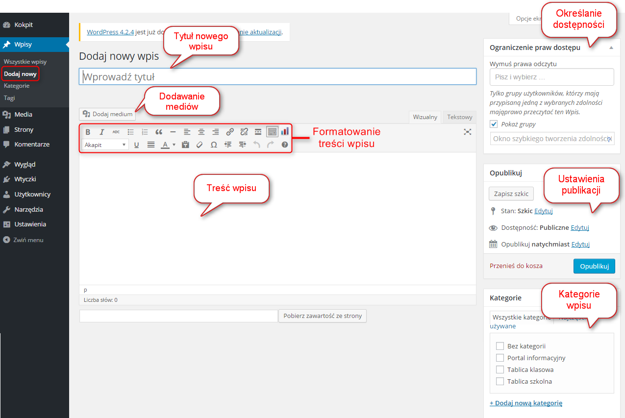 przypisywanie wpisu do kategorii, zdefiniowanie grup użytkowników, dla których widoczny będzie wpis, zdefiniowanie ustawień publikacji i opublikowanie wpisu.