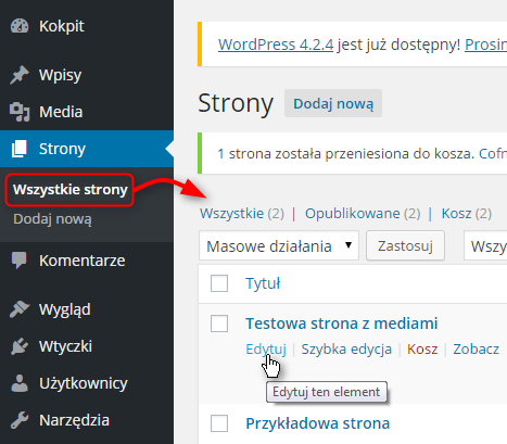 Aby zmienić ustawienia dostępności strony, należy: wybrać odpowiednie ograniczenia praw dostępu (w sekcji Og raniczenie praw dostępu), lub kliknąć link Edytuj znajdujący się przy opcji Dostępność,