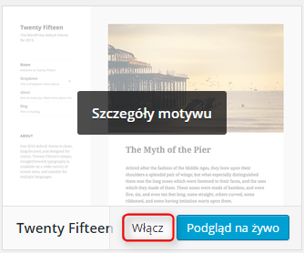 Wyszukiwanie pośród zainstalowanych motywów obejmuje szukanie po: nazwie, opisie, autorze oraz tagach (wyniki wyszukiwania są aktualizowane dynamicznie w czasie wpisywania kryteriów).