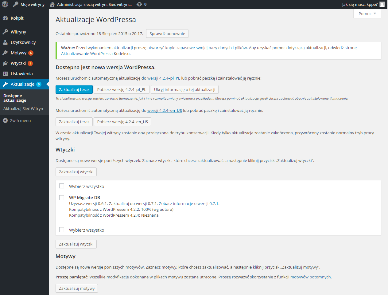 W celu zaktualizowania portalu lub wybranego modułu, należy zalogować się do Panelu administracyjnego swojej strony szkolnej jeśli pojawi się nowa wersja serwisu WordPress, portal samo o tym