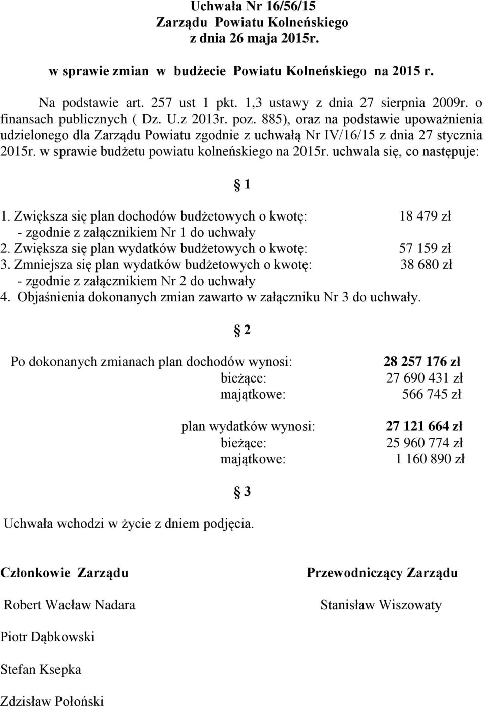 w sprawie budżetu powiatu kolneńskiego na 215r. uchwala się, co następuje: 1. Zwiększa się plan dochodów budżetowych o kwotę: 18 479 zł - zgodnie z załącznikiem Nr 1 do uchwały 2.