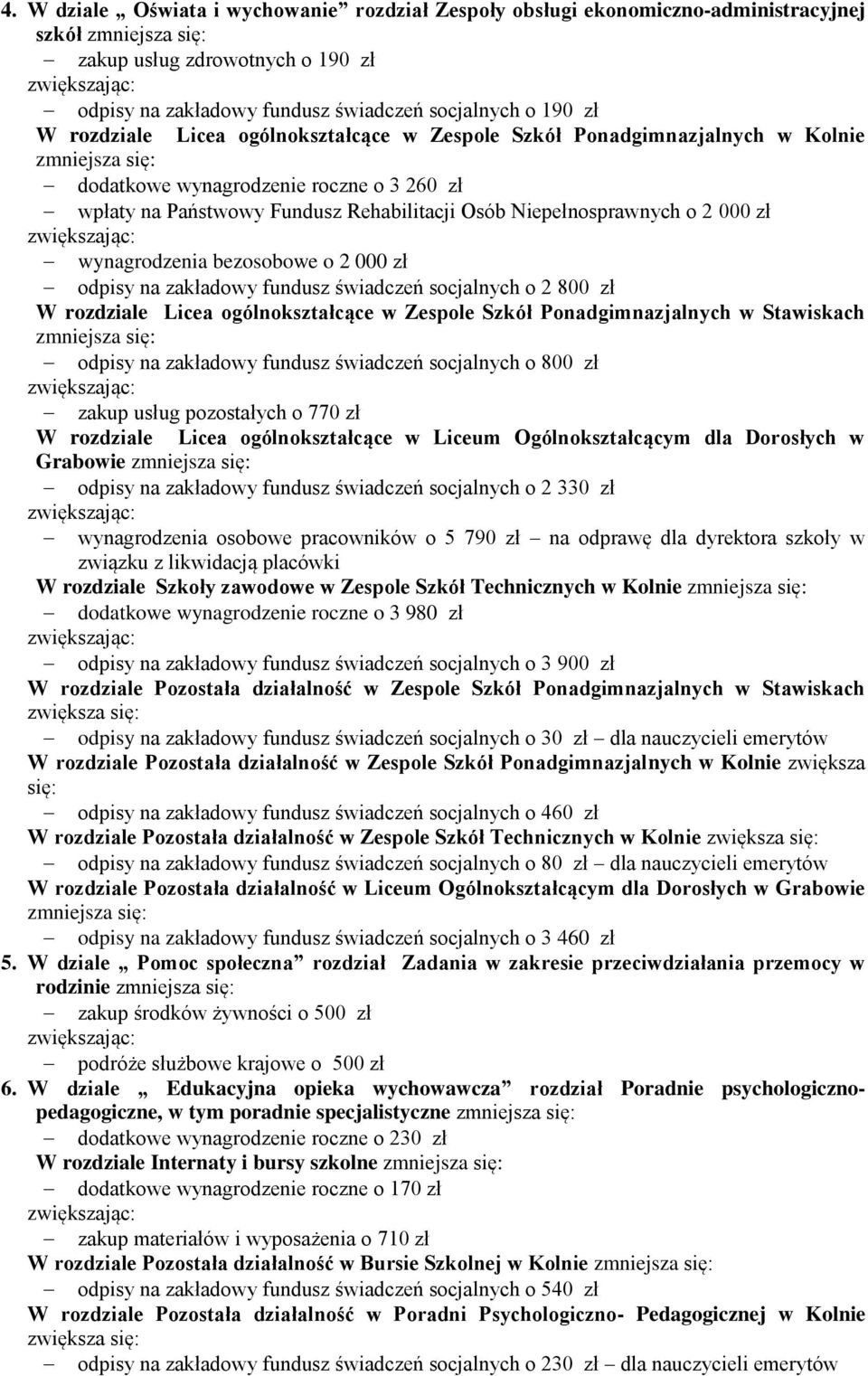 2 zł wynagrodzenia bezosobowe o 2 zł odpisy na zakładowy fundusz świadczeń socjalnych o 2 8 zł W rozdziale Licea ogólnokształcące w Zespole Szkół Ponadgimnazjalnych w Stawiskach zmniejsza się: odpisy