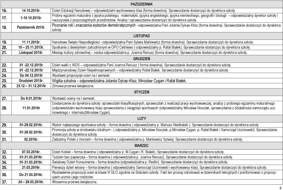 Próbny egzamin maturalny z języka polskiego, matematyki, języka angielskiego, języka niemieckiego, geografii i biologii odpowiedzialny dyrektor szkoły i nauczyciele z poszczególnych przedmiotów.