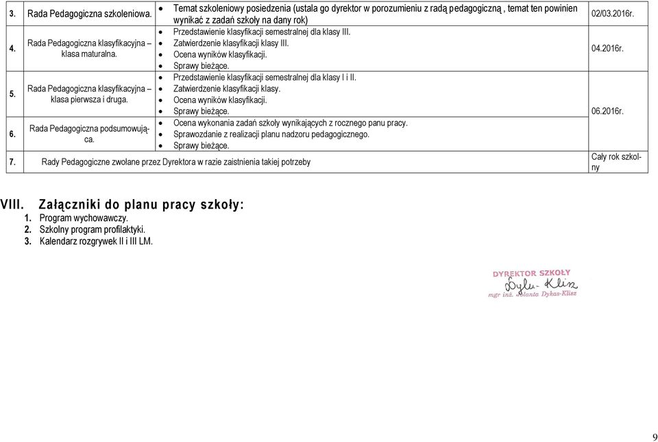 Przedstawienie klasyfikacji semestralnej dla klasy I i II. 5. Rada Pedagogiczna klasyfikacyjna Zatwierdzenie klasyfikacji klasy. klasa pierwsza i druga. Ocena wyników klasyfikacji. Sprawy bieżące. 06.