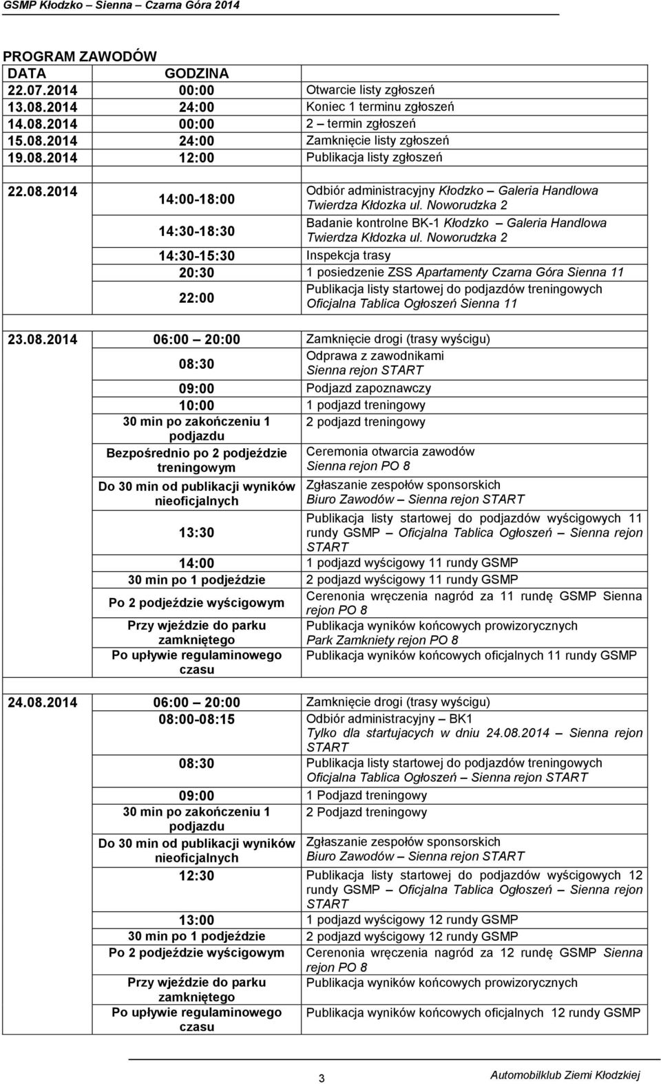 Noworudzka 2 14:30-15:30 Inspekcja trasy 20:30 1 posiedzenie ZSS Apartamenty Czarna Góra Sienna 11 22:00 Publikacja listy startowej do podjazdów treningowych Oficjalna Tablica Ogłoszeń Sienna 11 23.