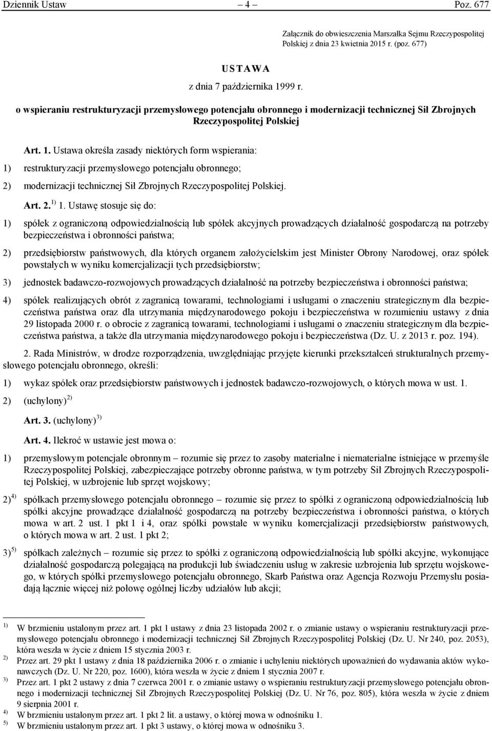 Ustawa określa zasady niektórych form wspierania: 1) restrukturyzacji przemysłowego potencjału obronnego; 2) modernizacji technicznej Sił Zbrojnych Rzeczypospolitej Polskiej. Art. 2. 1) 1.