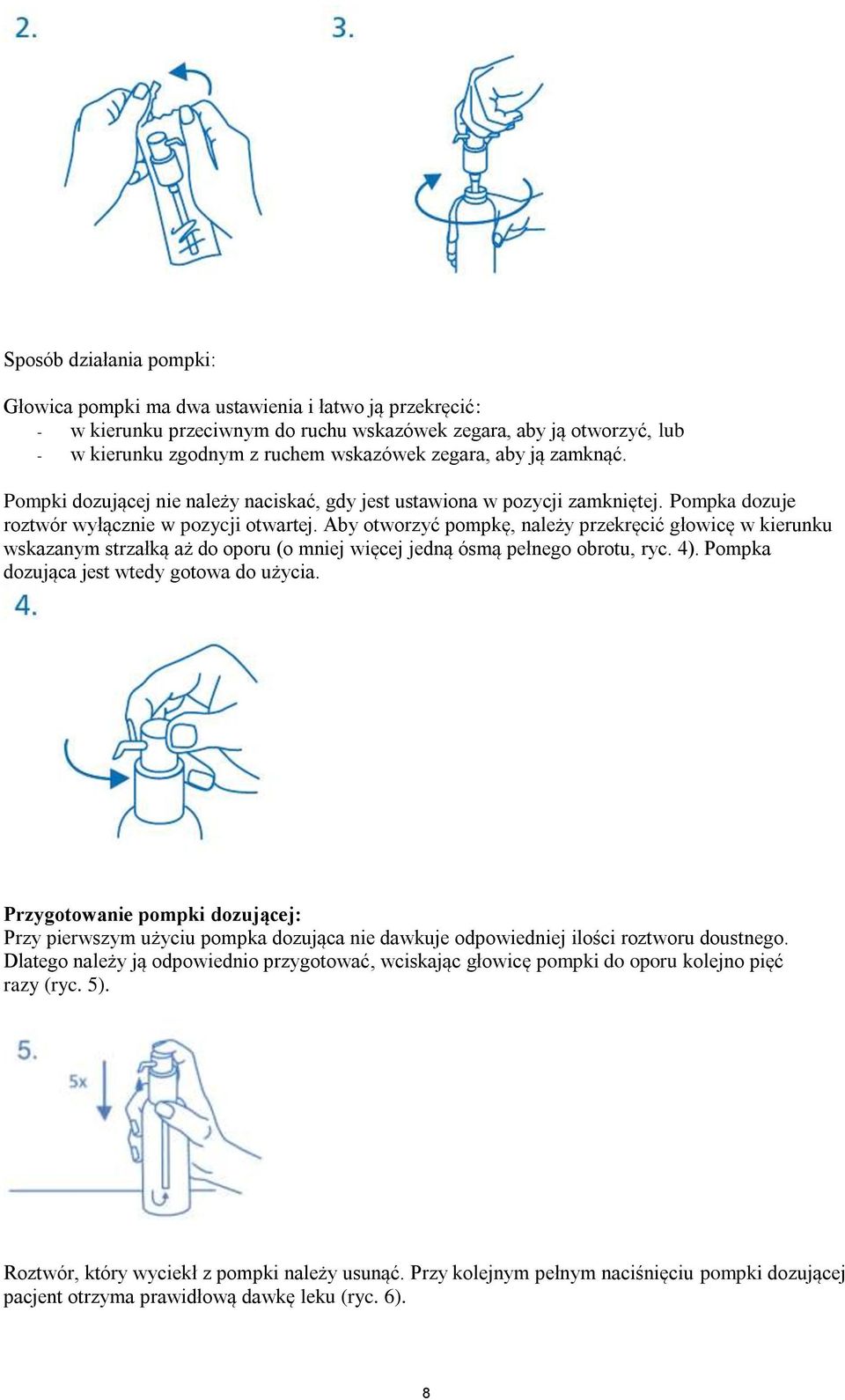 Aby otworzyć pompkę, należy przekręcić głowicę w kierunku wskazanym strzałką aż do oporu (o mniej więcej jedną ósmą pełnego obrotu, ryc. 4). Pompka dozująca jest wtedy gotowa do użycia.