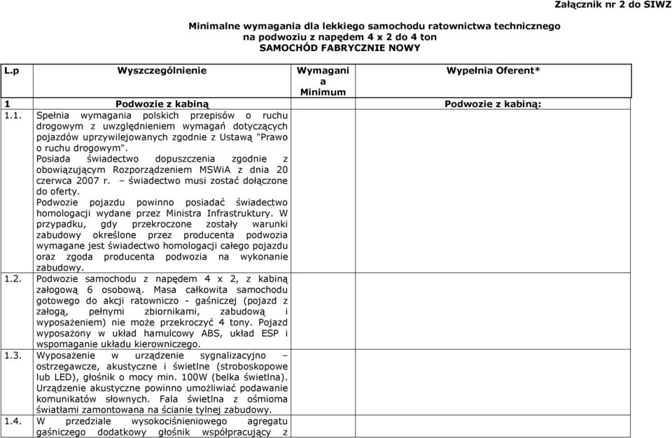 Podwozie z kabiną Podwozie z kabiną: 1.1. Spełnia wymagania polskich przepisów o ruchu drogowym z uwzględnieniem wymagań dotyczących pojazdów uprzywilejowanych zgodnie z Ustawą "Prawo o ruchu drogowym".
