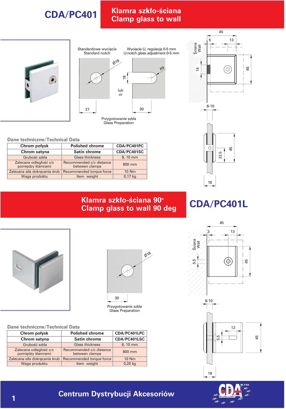 Recommended c/c distance between clamps 800 mm Zalecana siła dokręcania śrub Recommended torque force 10 Nm Waga produktu Item weight 0,17 kg 22.