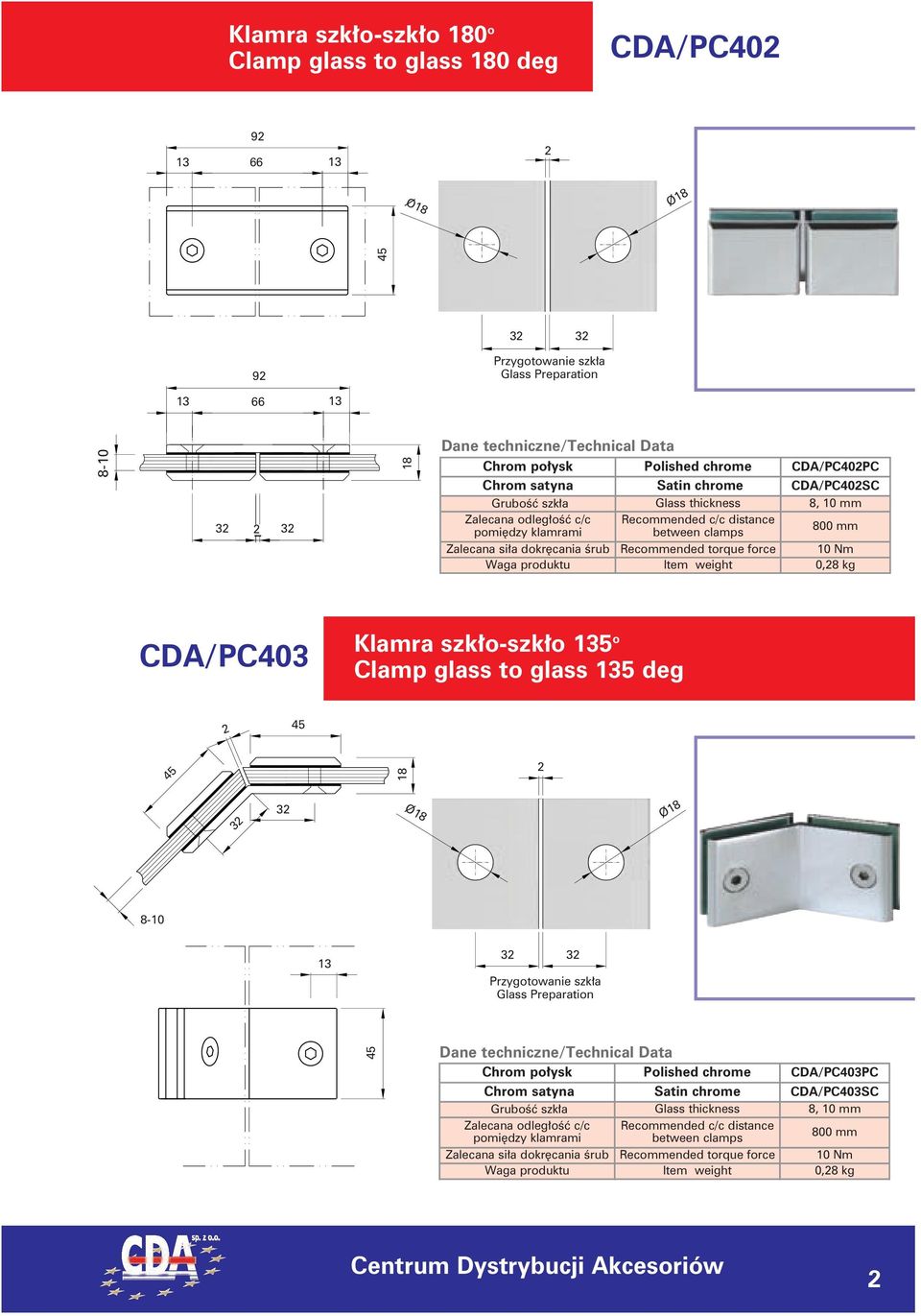 Recommended torque force 10 Nm Waga produktu Item weight 0,28 kg CDA/PC403 Klamra szkło-szkło 135 o Clamp glass to glass 135 deg 2 45 45 18 2 32 32 O18 O18 8-10 13 32 32 Przygotowanie szkła Glass