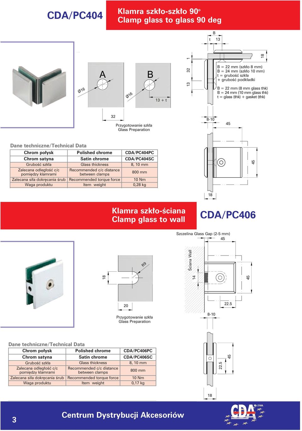Grubość szkła Glass thickness 8, 10 mm Zalecana odległość c/c pomiędzy klamrami Recommended c/c distance between clamps 800 mm Zalecana siła dokręcania śrub Recommended torque force 10 Nm Waga