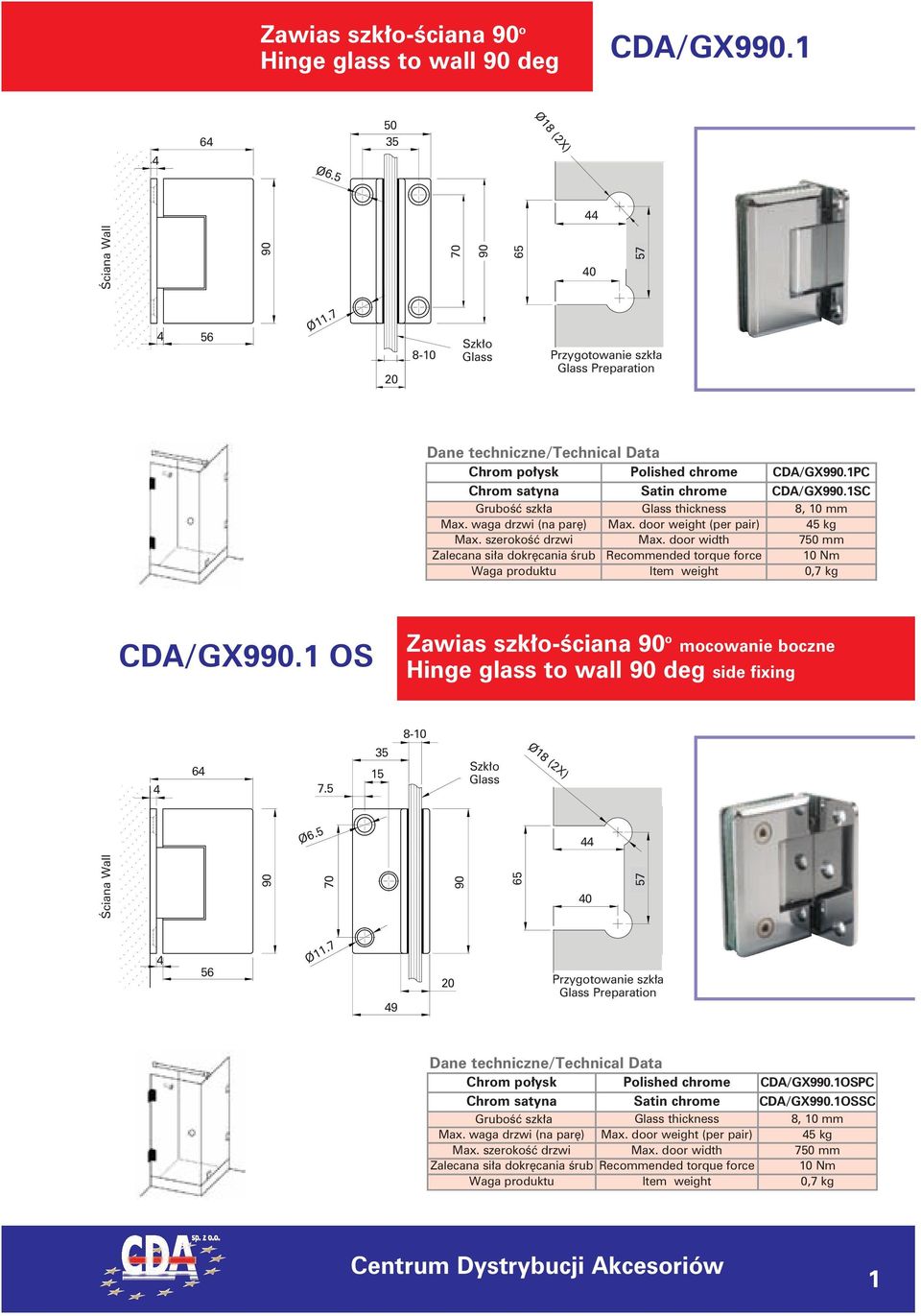 waga drzwi (na parę) Max. door weight (per pair) 45 kg Max. szerokość drzwi Max.
