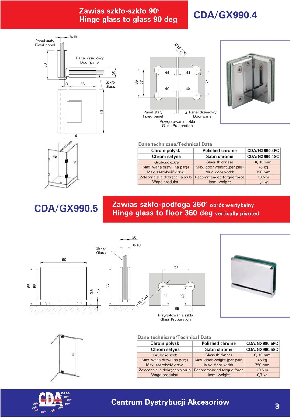 panel 4 Chrom połysk Polished chrome CDA/GX990.4PC Chrom satyna Satin chrome CDA/GX990.4SC Grubość szkła Glass thickness 8, 10 mm Max. waga drzwi (na parę) Max. door weight (per pair) 45 kg Max.