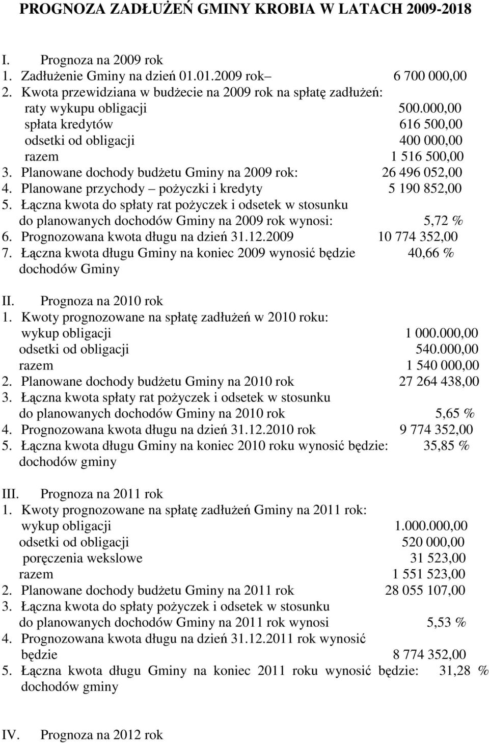 Planowane dochody budŝetu Gminy na 2009 rok: 26 496 052,00 4. Planowane przychody poŝyczki i kredyty 5 190 852,00 5.