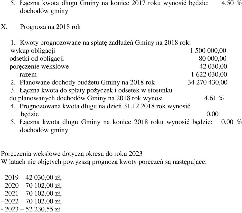Planowane dochody budŝetu Gminy na 2018 rok 34 270 430,00 3. Łączna kwota do spłaty poŝyczek i odsetek w stosunku do planowanych dochodów Gminy na 2018 rok wynosi 4,61 % 4.