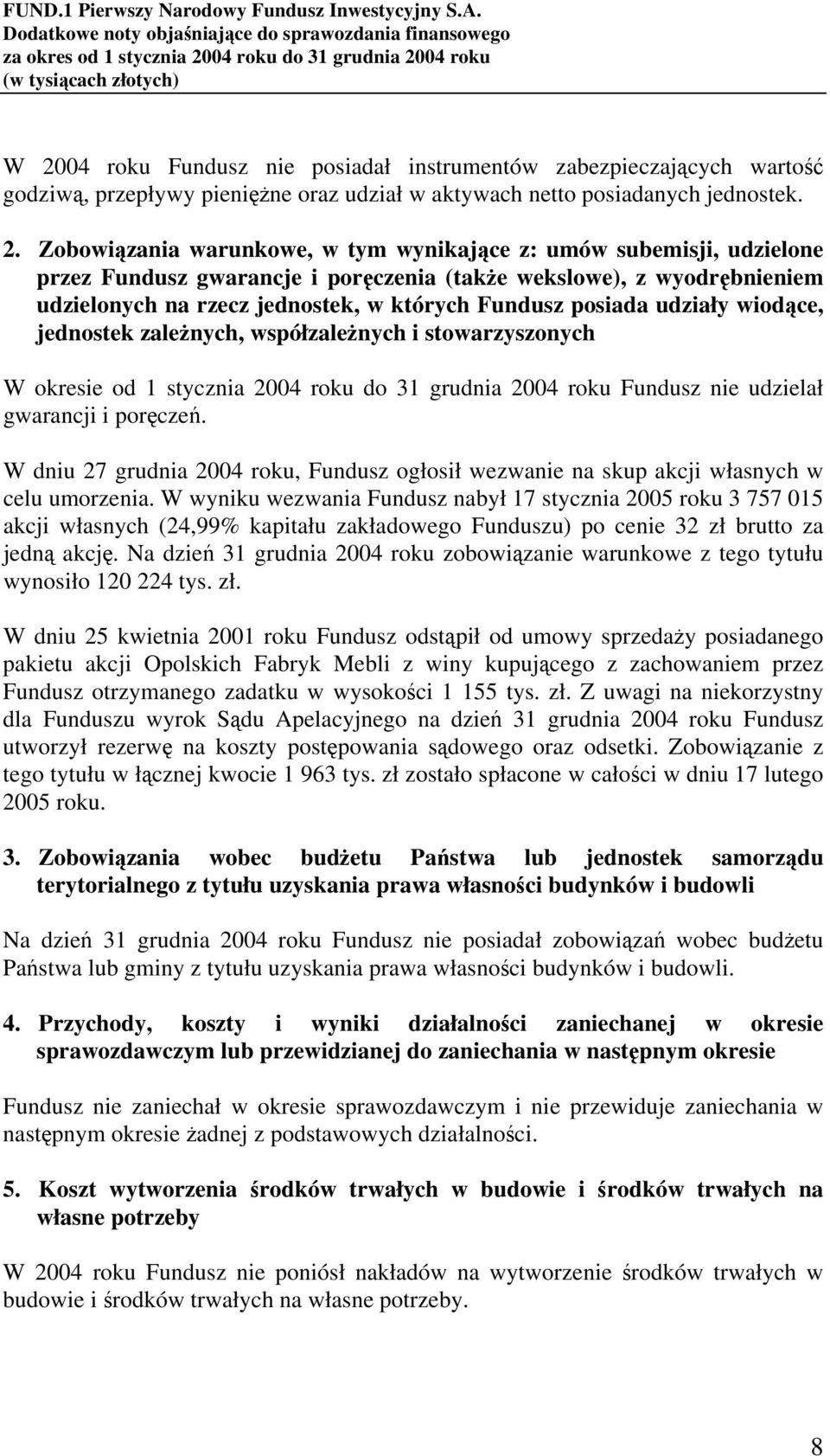 współzależnych i stowarzyszonych W okresie od 1 stycznia 2004 roku do 31 grudnia 2004 roku Fundusz nie udzielał gwarancji i poręczeń.