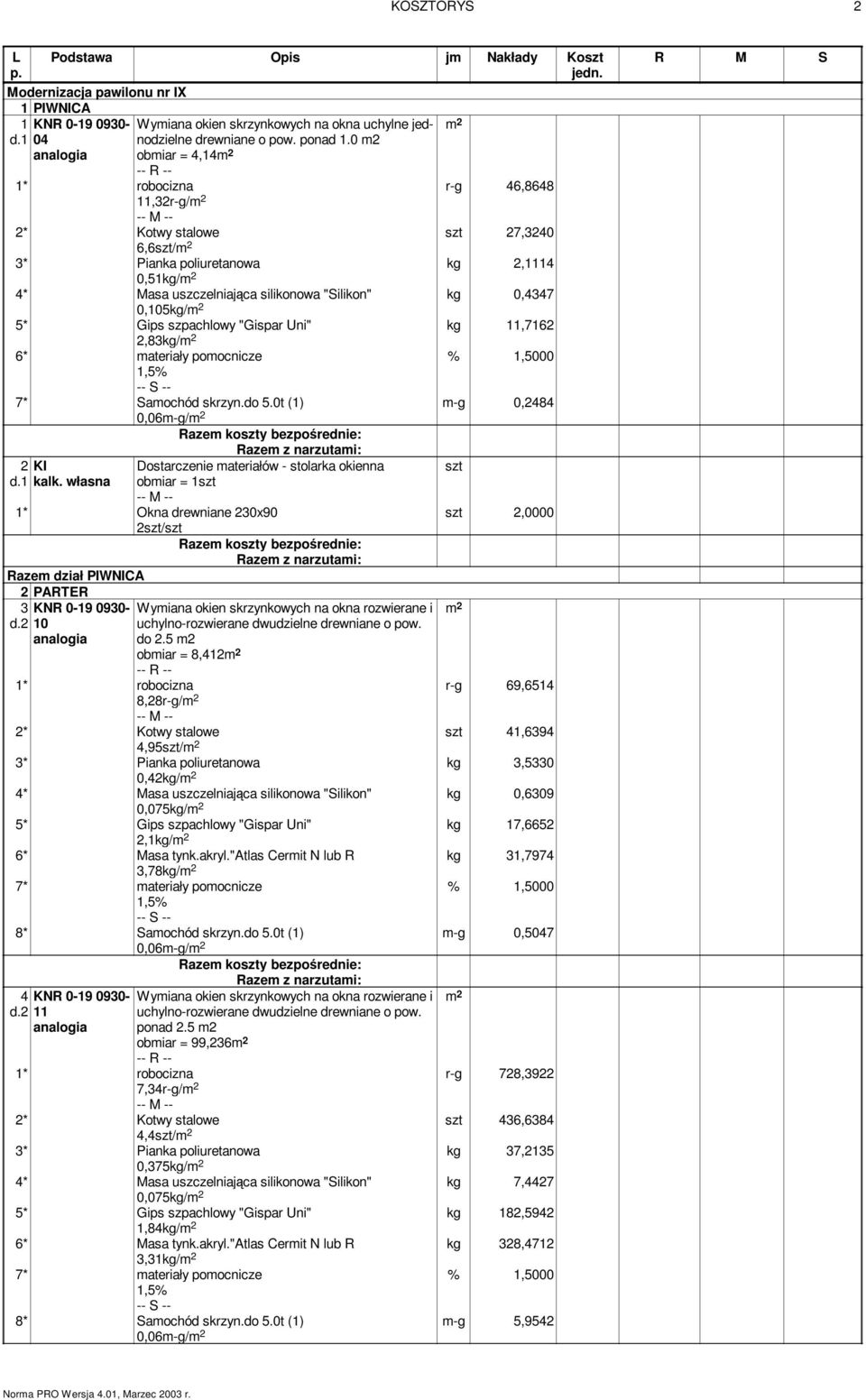 własna Dostarczenie materiałów - stolarka okienna obmiar = 1 1* Okna drewniane 230x90 Razem dział PIWNICA 2 PARTER 3 d.2 KNR 0-19 0930-10 do 2.
