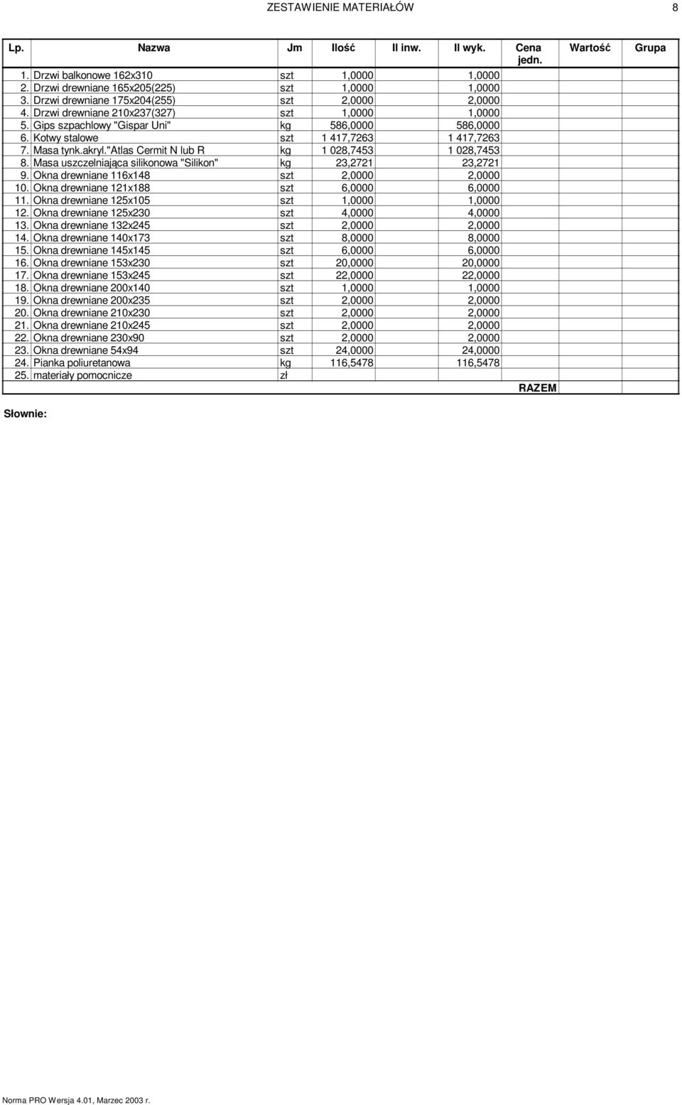 "atlas Cermit N lub R kg 1 028,7453 1 028,7453 8. Masa uszczelniająca silikonowa "Silikon" kg 23,2721 23,2721 9. Okna drewniane 116x148 2,0000 10. Okna drewniane 121x188 6,0000 6,0000 11.