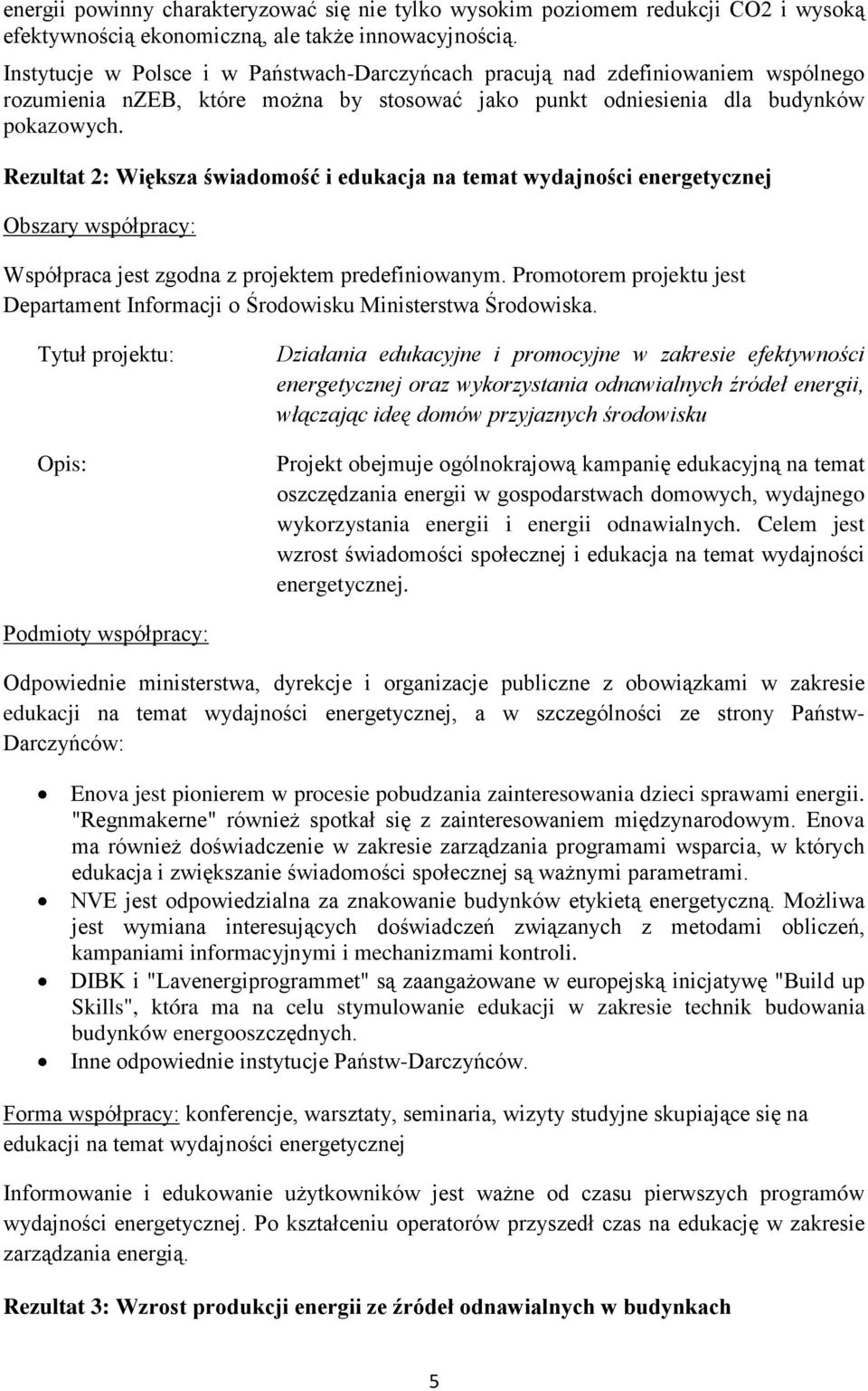 Rezultat 2: Większa świadomość i edukacja na temat wydajności energetycznej Obszary współpracy: Współpraca jest zgodna z projektem predefiniowanym.