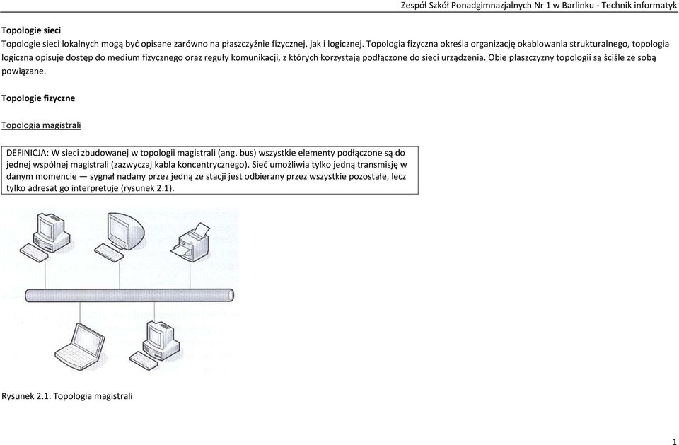 urządzenia. Obie płaszczyzny topologii są ściśle ze sobą powiązane. Topologie fizyczne Topologia magistrali DEFINICJA: W sieci zbudowanej w topologii magistrali (ang.