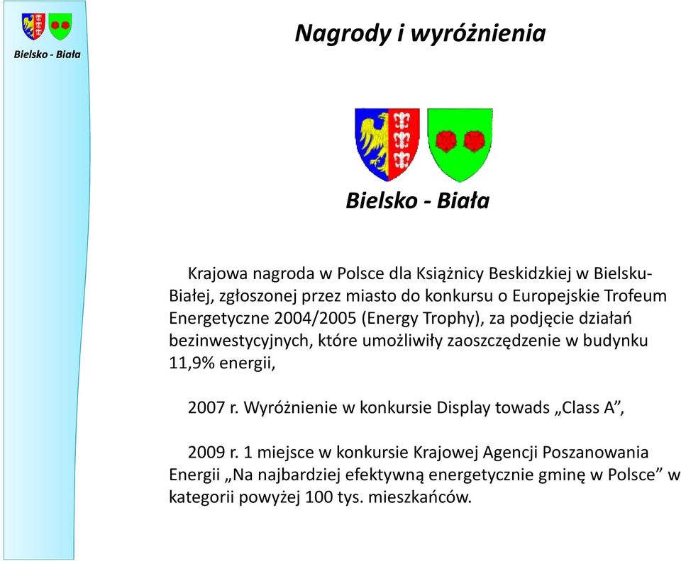 umożliwiły zaoszczędzenie w budynku 11,9% energii, 2007 r. Wyróżnienie w konkursie Display towads ClassA, 2009 r.