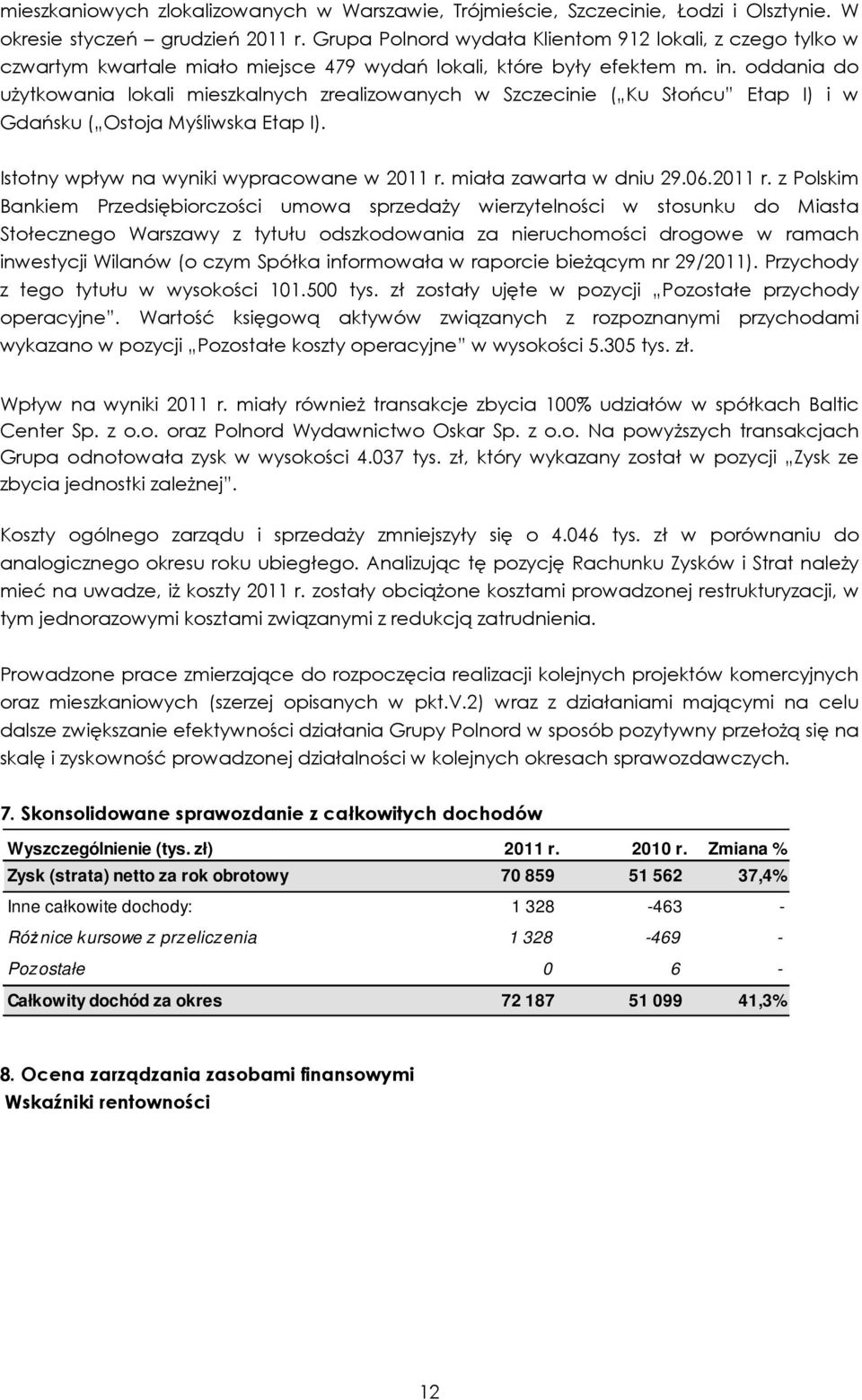 oddania do uŝytkowania lokali mieszkalnych zrealizowanych w Szczecinie ( Ku Słońcu Etap I) i w Gdańsku ( Ostoja Myśliwska Etap I). Istotny wpływ na wyniki wypracowane w 2011 r.