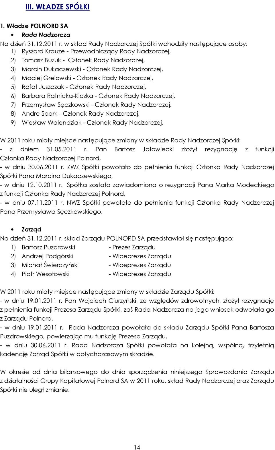 Nadzorczej, 4) Maciej Grelowski - Członek Rady Nadzorczej, 5) Rafał Juszczak - Członek Rady Nadzorczej, 6) Barbara Ratnicka-Kiczka - Członek Rady Nadzorczej, 7) Przemysław Sęczkowski - Członek Rady