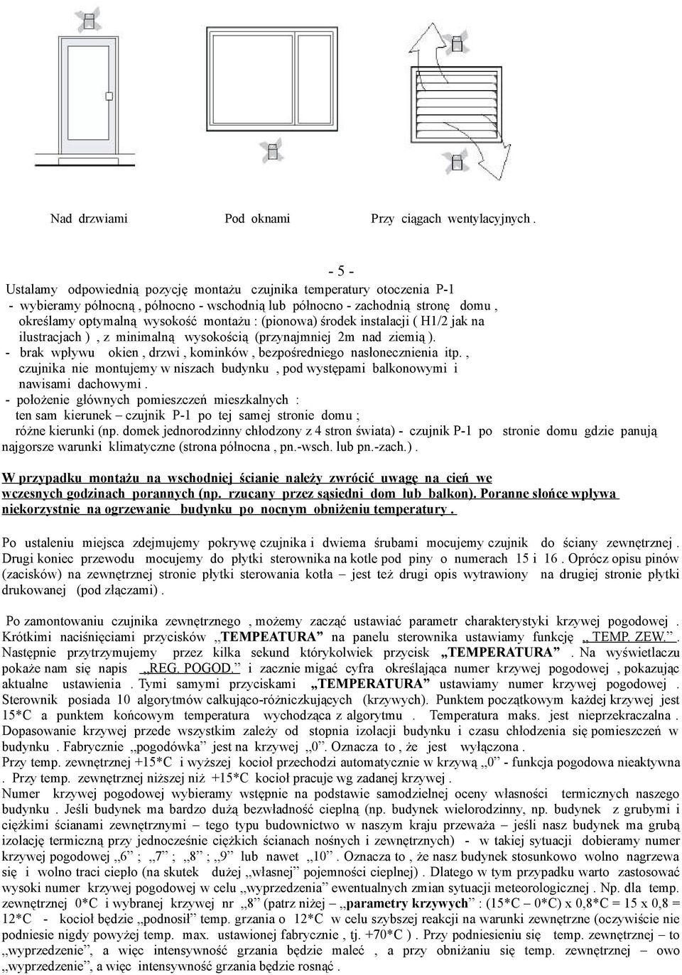 (pionowa) środek instalacji ( H1/2 jak na ilustracjach ), z minimalną wysokością (przynajmniej 2m nad ziemią ). - brak wpływu okien, drzwi, kominków, bezpośredniego nasłonecznienia itp.