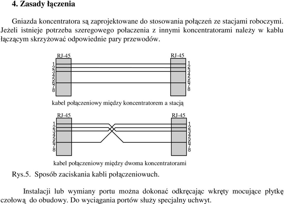 3 6 RJ- RJ- 3 6 kabel połączeniowy między koncentratorem a stacją 3 6 RJ- RJ- 3 6 kabel połączeniowy między dwoma koncentratorami Rys.